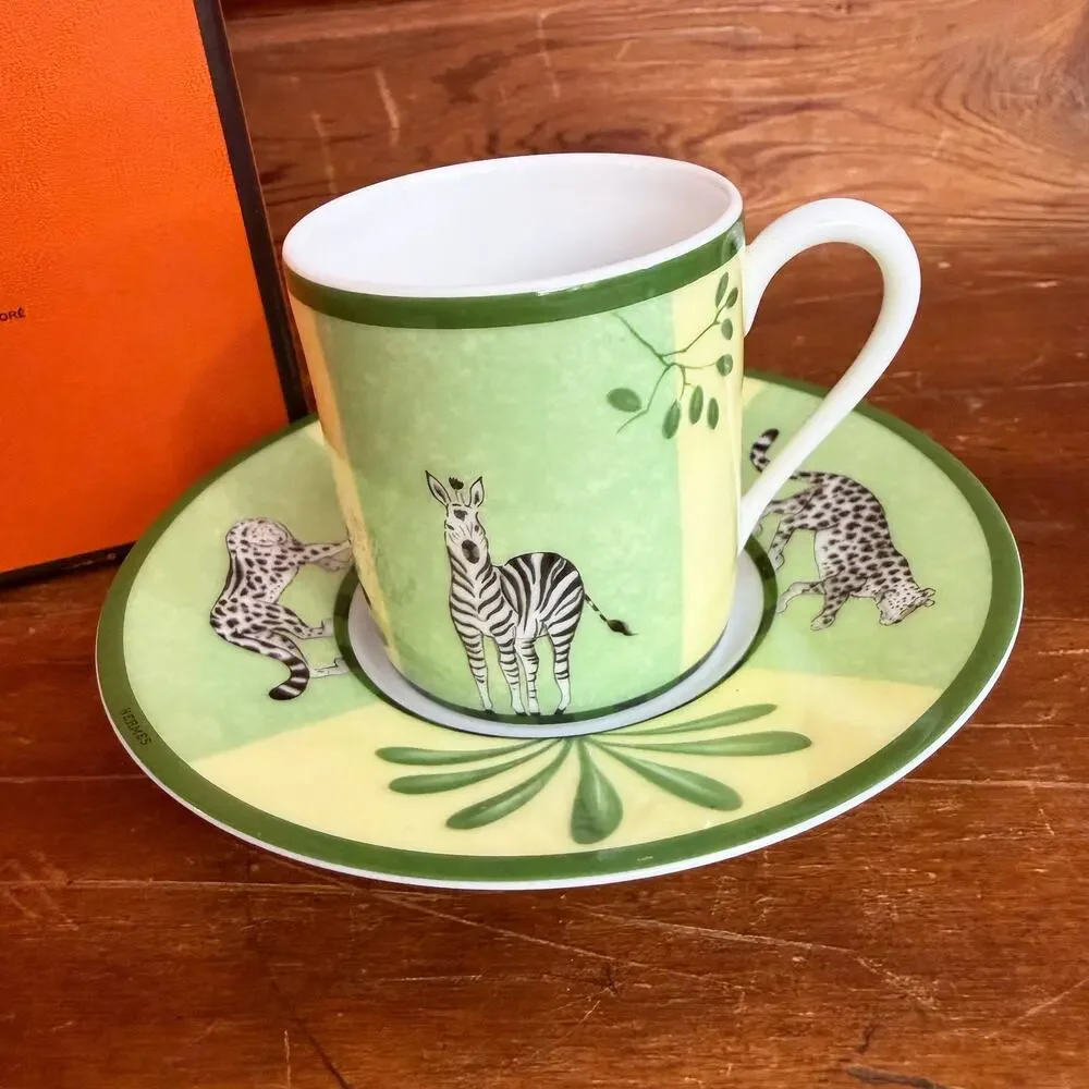 Hermès Africa Green Demitasse Cup and Saucer Set With Box